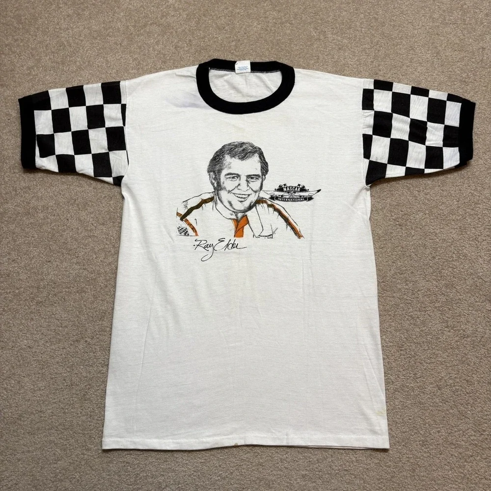 Vtg 70s NASCAR Shirt Ray Elder‎ XL 18-20 Fits Small White Sears Checkered Sleeve